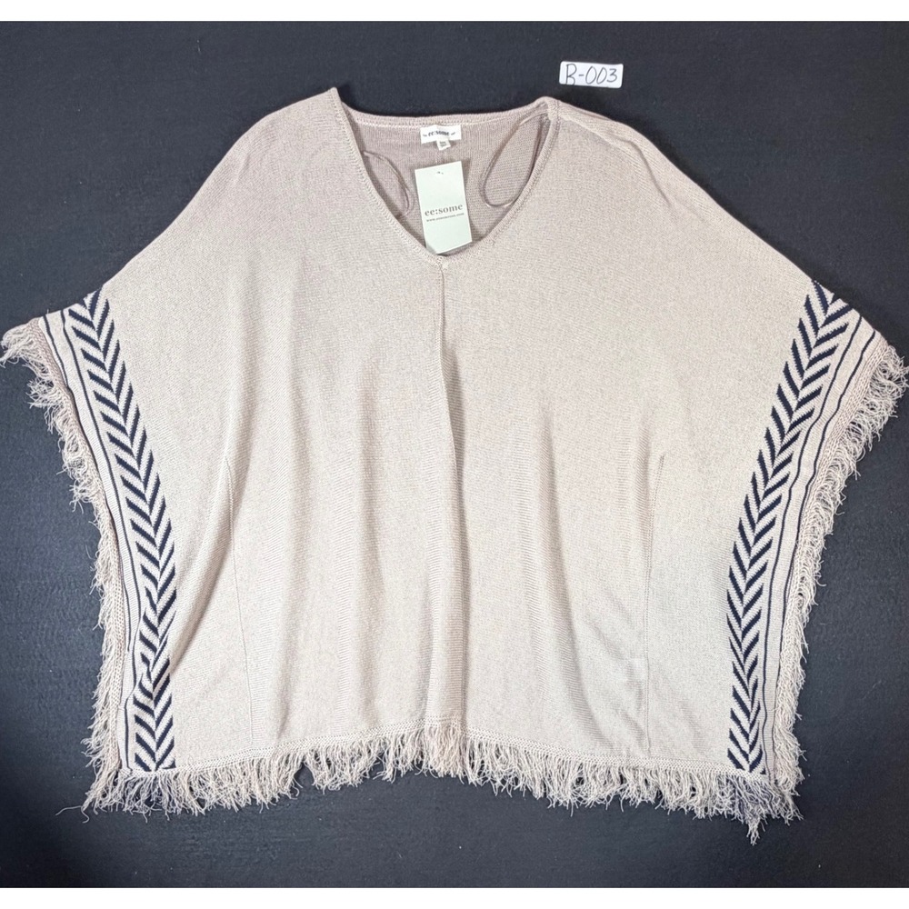Ee:some Women Tan Knit Fringe Poncho V-Neck Chevron Trim Top SJG6260 SM